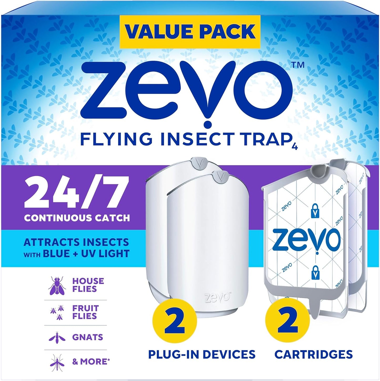 2 Flying Insect Traps & 2 Refill Cartridges - Plug in Fly Trap & Indoor Bug Catcher for Gnats, House & Fruit Flies - Blue & UV Light Technology, Mess-Free Alternative to Bug Zapper
