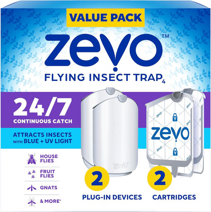 2 Flying Insect Traps & 2 Refill Cartridges - Plug in Fly Trap & Indoor Bug Catcher for Gnats, House & Fruit Flies - Blue & UV Light Technology, Mess-Free Alternative to Bug Zapper